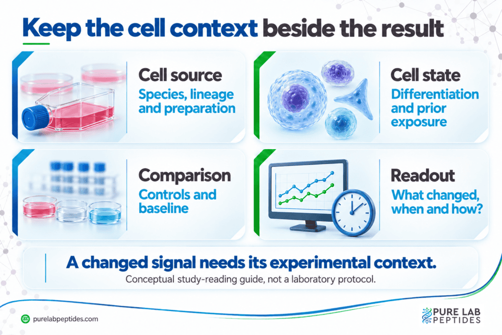 Four features needed to interpret a cell experiment: cell source, experimental state, controls and readout.
